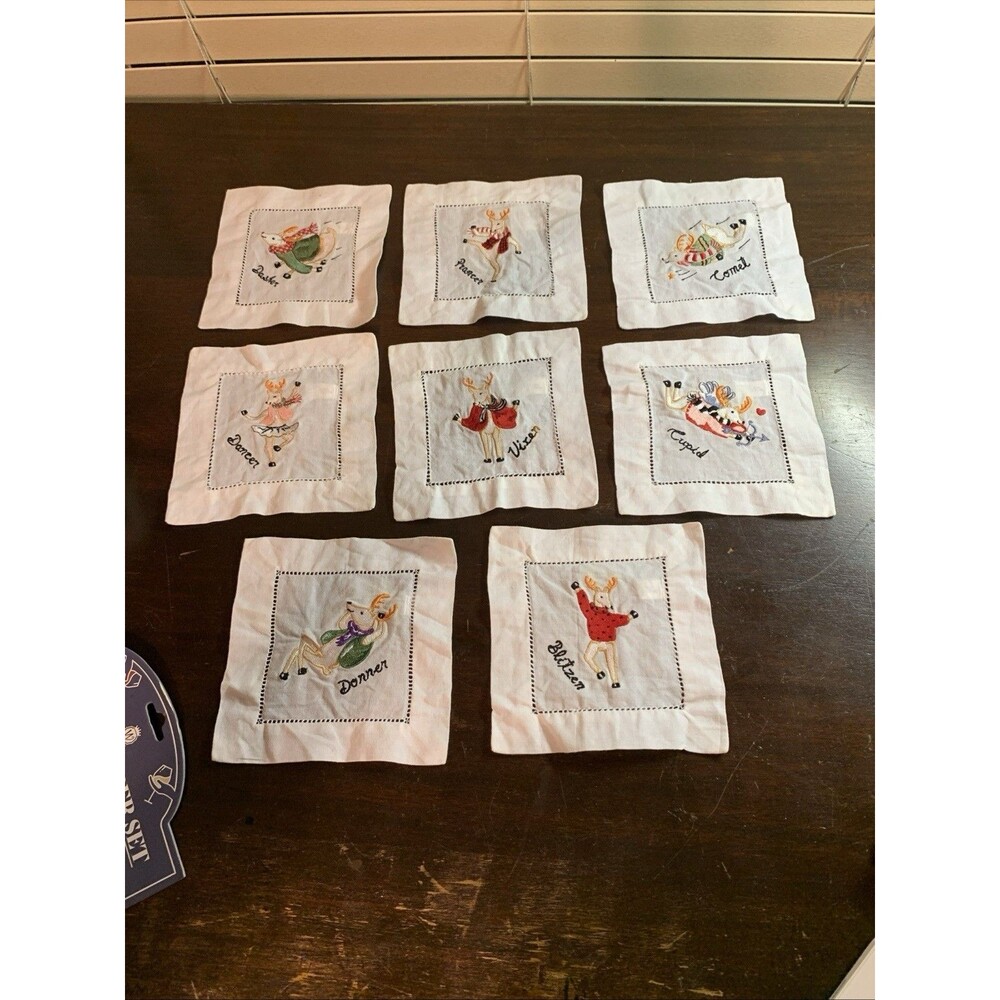 Set 8 Pottery Barn Reindeer Cocktail Napkins Embroidered Cotton